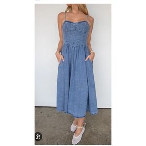 Vestique Denim Corset Midi Dress Spaghetti Strap Back Zip Pockets Size L